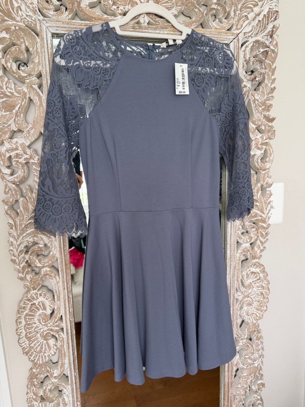 BB Dakota Lace Yoke Fit & Flare Dress in Slate Blue